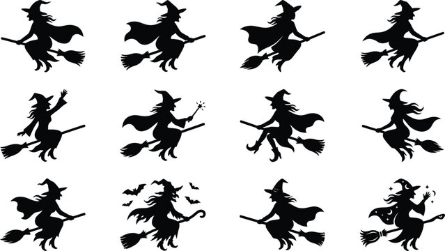 Set of black witch silhouettes flying on broomsticks for creative halloween party decorations and graphic design projects