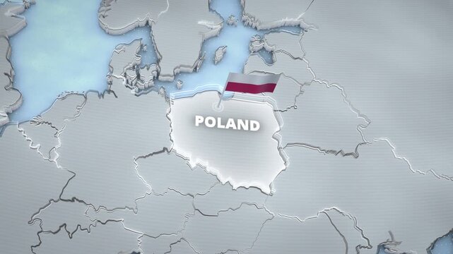 3D map animation of Poland, Europe featuring a waving national flag, glowing border highlight, and typography overlay, ideal for a broadcast news opener or documentary backdrop.
