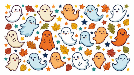 Fototapeta premium Cute Ghosts with Autumn Leaves and Stars