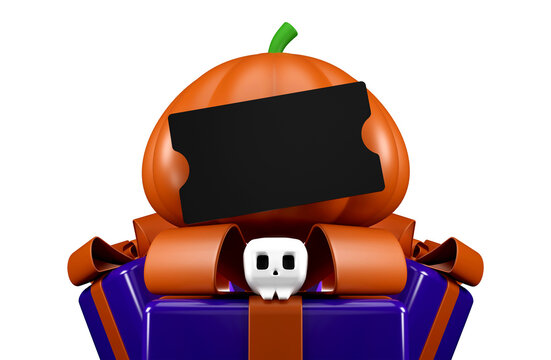 Halloween pumpkin gift box cutout with blank sign and skull on transparent PNG background