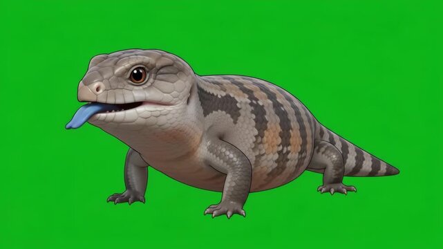 Blue-tongued skink with its tongue out on a vibrant green background, a fascinating reptile.