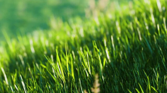 Grass covers the ground in a park. The blades move gently in the wind under clear blue skies. Sunlight shines on the green landscape, making it lively and bright.