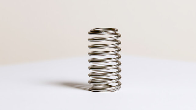 Close-up shot of a single vertical metal coil spring isolated on a clean white background, showcasing industrial design and elasticity