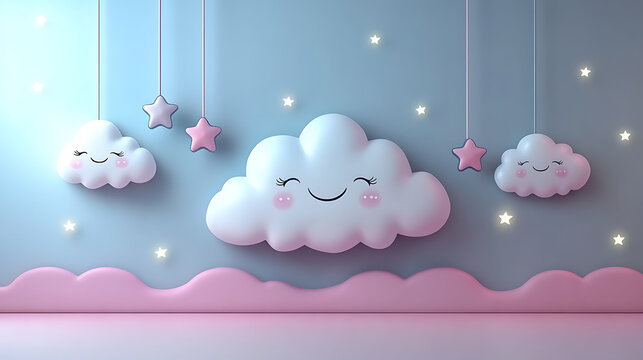 Gentle pastel cartoon depiction of outlet covers with smiling cloud and star designs in soft pink and lavender against a stark white backdrop 