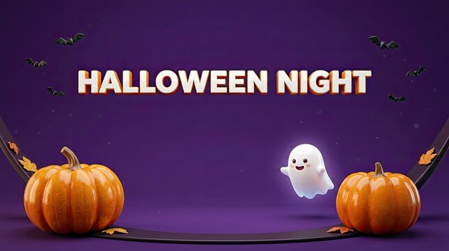Halloween night background with cute ghost and pumpkins on a purple stage for product display