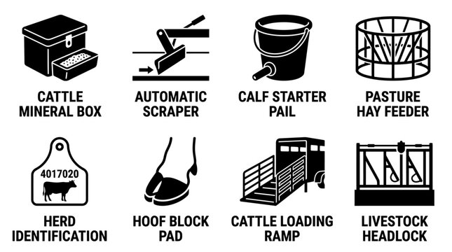 Isolated vector icon set of ranch livestock facilities and tools featuring mineral boxes scrapers pails hay feeders id tags hoof block pads loading ramps and headlocks livestock facilities headlock