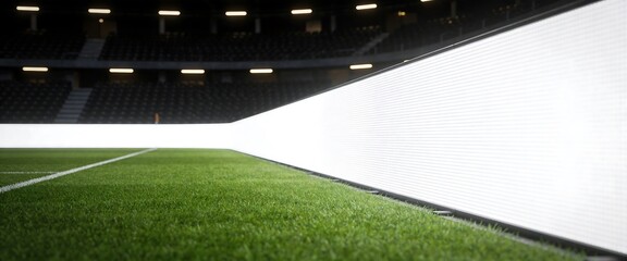 Fototapeta premium Empty soccer stadium with blank glowing LED perimeter board for advertising mockup at night