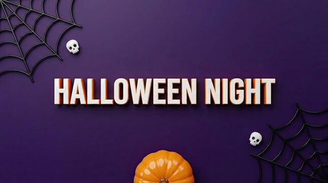 Halloween night background with a pumpkin and spider webs on a dark purple surface for seasonal celebration
