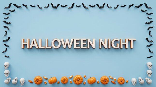 Halloween night text sign decorated with a border of small pumpkins and bats on a light blue background