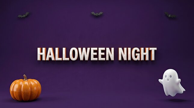 Halloween night background featuring a cute ghost and a pumpkin on a dark purple textured surface
