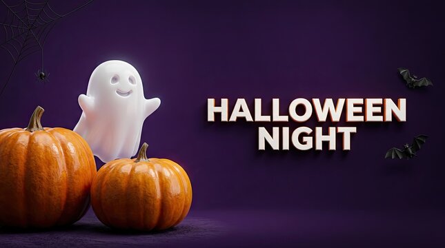 Cute little ghost standing behind orange pumpkins on a dark purple background for halloween night celebration