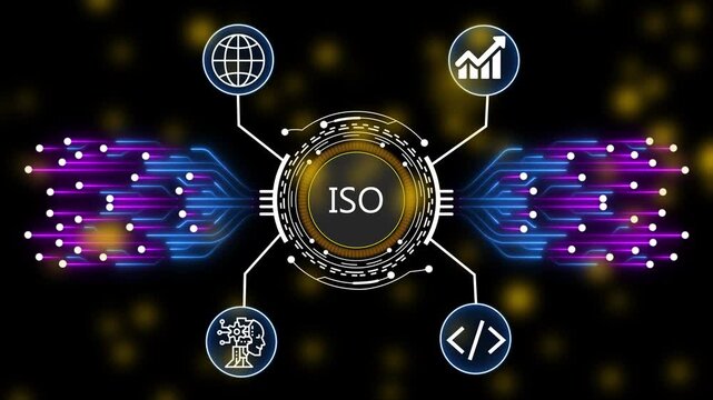 ISO Material Requirements Planning and AI Powered Manufacturing Management Digital Network Animation. 4k animation 