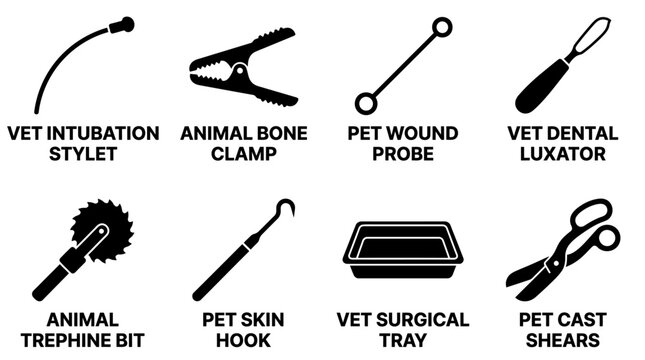 Collection of veterinary and medical instrument icons for animal healthcare and surgery with veterinary instrument healthcare intubation trephine surgical hospital equipment accessory