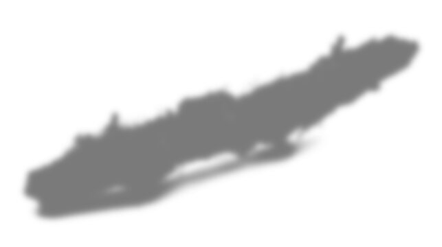 A blurred grey silhouette of long island, new york, showing its elongated shape oriented diagonally from lowerleft to upperright against a transparent background