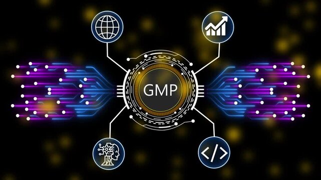 GMP Material Requirements Planning and AI Powered Manufacturing Management Digital Network Animation. 4k animation 