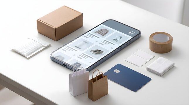 High angle view of a mobile phone displaying an e-commerce app interface next to miniature shopping bags, credit card, and parcel boxes on a white surface.