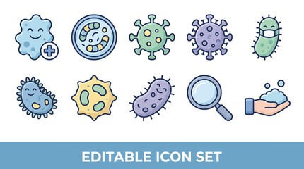 Obraz premium Set of colorful flat vector icons representing various bacteria viruses and microscopic organisms.