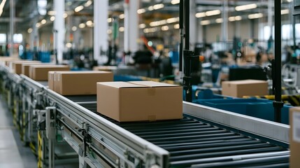 Fototapeta premium Boxes move along conveyor belts in a large warehouse with industrial lighting and hinery in the background