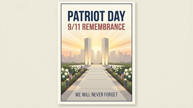 Patriot Day 9/11 Remembrance Poster Template with Memorial Pillars and American Flag Illustration