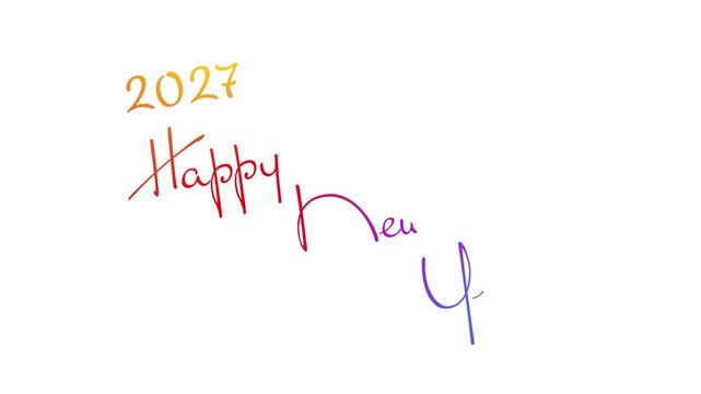 Happy New Year 2027 elegant animated calligraphy text on white background. Smooth handwriting typography video with write-on effect. Loopable winter holiday greetings.