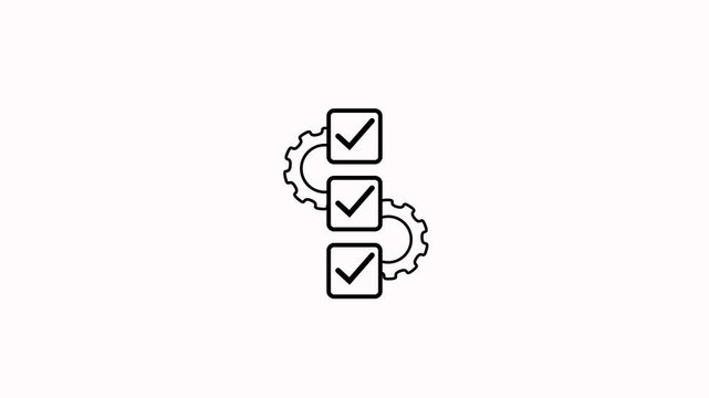 Task automation and work flow gear concept with checklist check boxes animation on white background. Flowchart work flow automation icon with gears animation. System automation glyph icon concepts