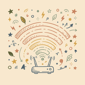 Hand-drawn Wi-Fi router illustration with radiating wireless internet waves and decorative doodles. Network connectivity sketch.