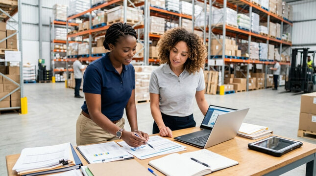Two diverse female logistics managers reviewing inventory reports and data on a laptop and paper documents at a desk in a large industrial warehouse with high shelving and boxes.