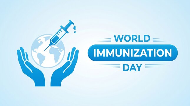 Hands holding globe with syringe for world immunization day