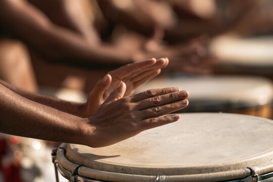 Afro-Brazilian hands striking drum in samba parade celebration