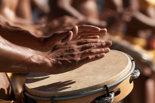 Man playing conga drum with hands in outdoor samba celebration