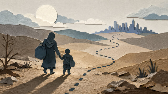 Displaced mother and child walk towards an unfamiliar city, illustrating forced migration, resilience and the search for refuge