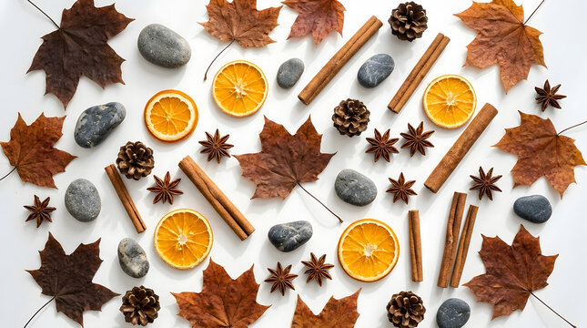 Autumn flat lay with dried maple leaves, orange slices, cinnamon, and spices on white background