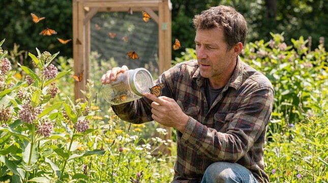 Man releasing monarch butterflies in a garden for conservation efforts