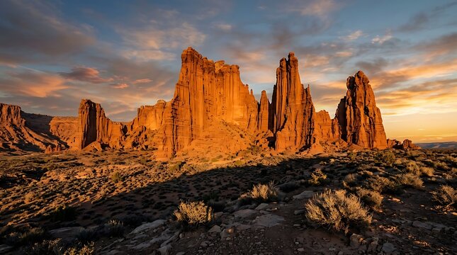 Majestic sandstone rock formations in arches national park at golden hour under a dramatic sunset sky
