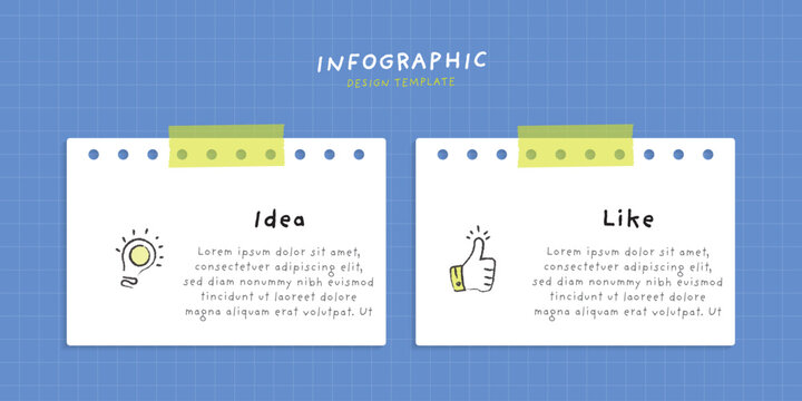 2 steps infographic design template. Torn paper notes with green masking tape and doodle numbers on grid background.