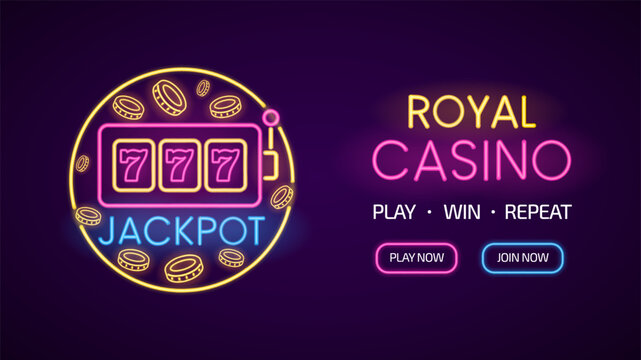 Jackpot win on casino slot machine neon glowing linear vector design, online royal casino gambling game, victory 777