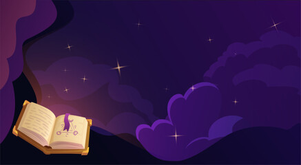 Naklejka premium Magic book fantasy background with stars and purple glow