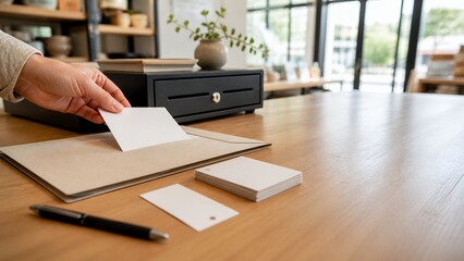 Naklejka premium Independent shop bookkeeping counter with blank cards and folder
