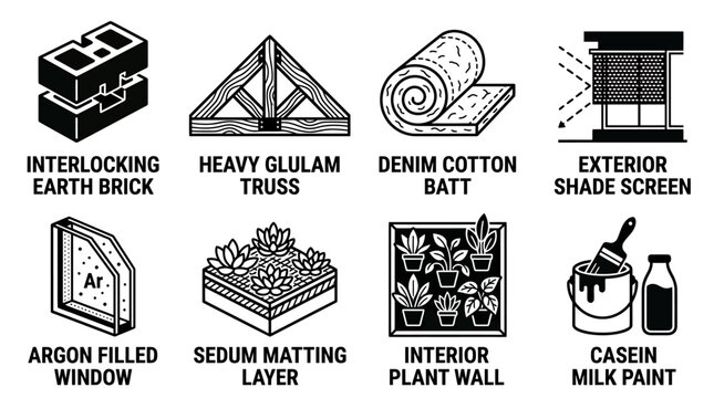 Sustainable building materials and eco construction icon set featuring interlocking earth brick and cotton batt architecture building material sustainable construction interlocking exterior