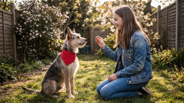 Teenage girl training rescue dog in sunlit garden for positive reinforcement
