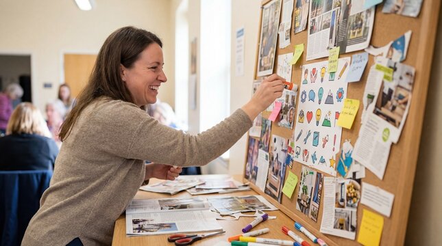 Woman creating vision board in workshop for personal development and inspiration