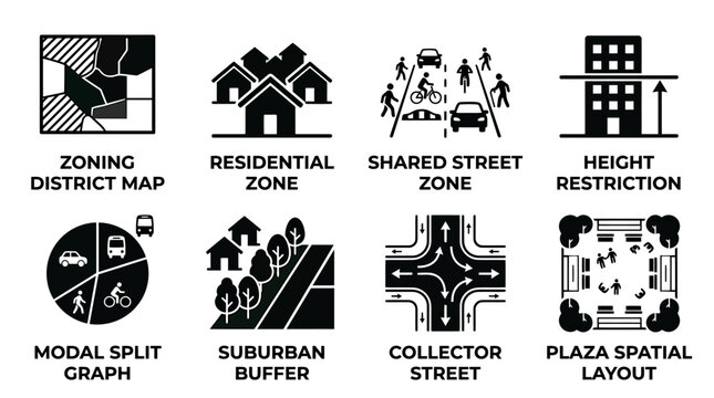 Set of architectural and urban planning vector icons showing zoning district maps residential zones shared streets and height restrictions with planning district residential restriction suburban