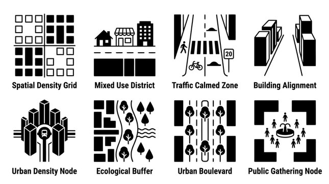 Collection of urban planning and city design vector symbols depicting spatial density grids mixed use districts and ecological buffers with planning district building alignment ecological