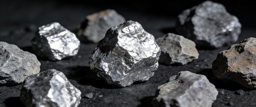Raw silver ore nuggets and precious metal minerals on dark ground for industrial mining concept