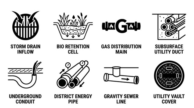 Collection of engineering icons illustrating storm drain inflows bio retention cells gas distribution mains utility covers with engineering infrastructure retention distribution subsurface