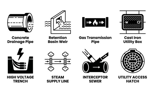 Set of infrastructure and civil engineering icons showing concrete drainage pipes retention weirs utility access hatches engineering infrastructure concrete drainage retention transmission