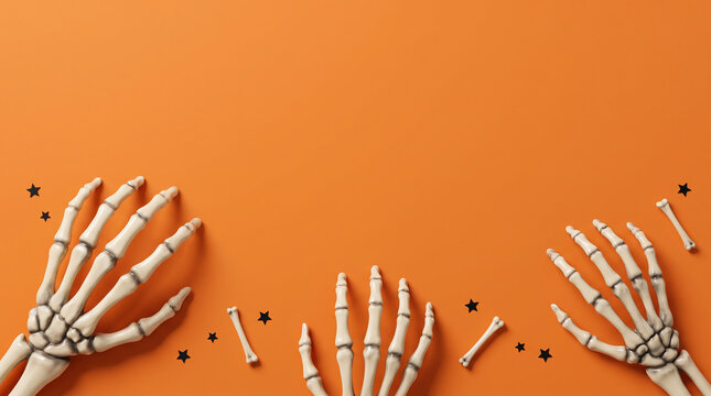 Skeleton hands and bones are arranged on a vibrant orange background creating a spooky composition fingers phalanges scapula radius ulna