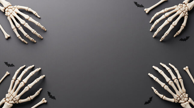 Human skeleton hands and black bats frame a dark grey background creating a halloween themed composition bones fingers phalanges wrist scapula