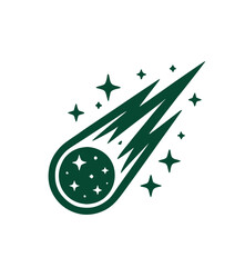 Cosmic Shooting Star icon. Green silhouette of a fast moving comet meteor flying through the night sky surrounded by small stars, ideal for winter holiday designs © Mr. Akash