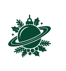 Planet Bauble with Pine and Holly icon. Green silhouette of a cosmic ringed saturn ornament surrounded by festive winter evergreen branches for holiday graphic art © Mr. Akash